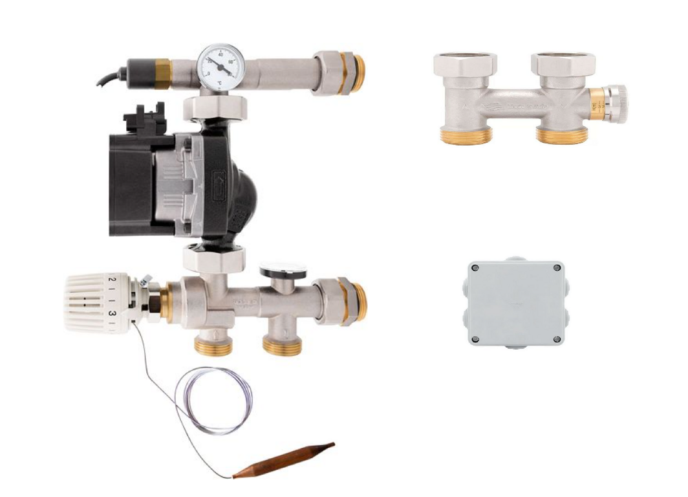 Mengunit met pomp voor RVS VVID vloerverwarmingscollectoren met bypass en elektrische aansluitdoos 