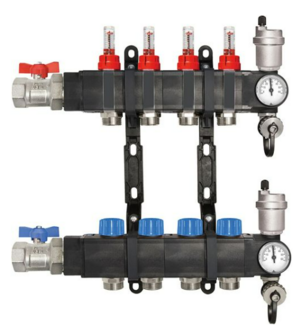 Kunststof  Vloerverwarmings Collector 4 Kringen  Met Debietmeters, hoofdkraan , thermometer en ontluchter