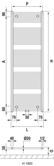 Handdoekradiator HEDA H 1820  B 450 (786 Watt)  met middenaansluiting