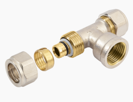 T-Stuk 20/2 mm x 1/2&quot;F x 20/2 mm Alupex schroef / knel koppeling met vaste insert