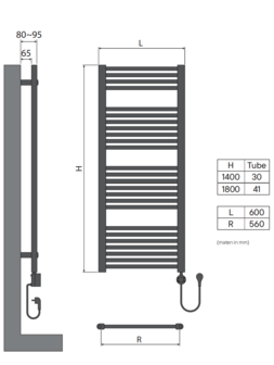 Elektrische handdoekradiator Calore  Rondo 1800 x 600 mm  incl thermostaat  Met Wifi &ndash; 1000W &ndash; Mat Zwart 