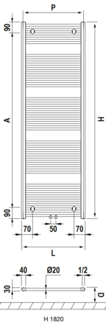 Handdoekradiator HEDA H 1820  B 450 (786 Watt)  met middenaansluiting