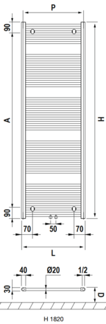 Handdoekradiator HEDA H 1820  B 600 (1003 Watt) MAT ZWART  met middenaansluiting