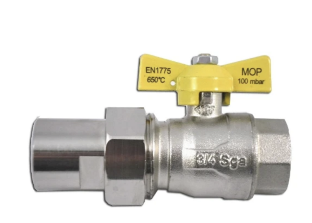 Gaskraan 3/4"FF Met Gele Vlinder & Losse Koppeling  KVGB gekeurd