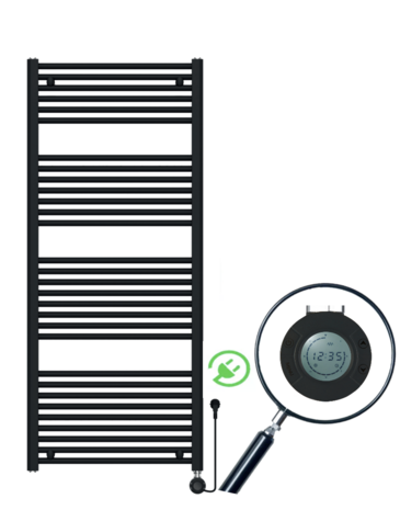 Elektrische handdoekradiator Calore  Rondo 1800 x 600 mm  incl thermostaat  Met Wifi – 1000W – Mat Zwart 