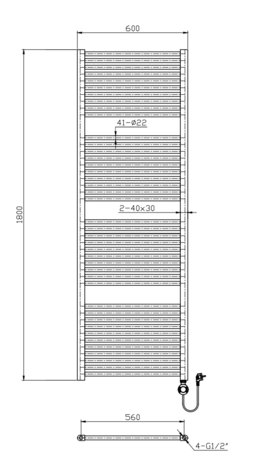 Elektrische handdoekradiator Calore  Rondo 1800 x 600 mm  incl thermostaat  Met Wifi – 1000W – Mat Zwart 