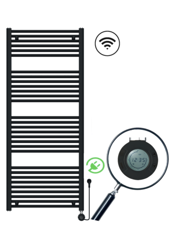 Elektrische handdoekradiator Calore  Rondo 1800 x 600 mm  incl thermostaat  Met Wifi – 1000W – Mat Zwart 