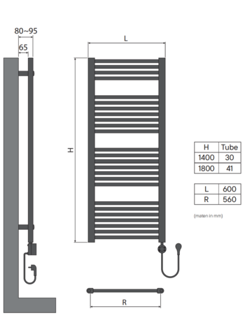 Elektrische handdoekradiator Calore  Rondo 1800 x 600 mm  incl thermostaat  Met Wifi – 1000W – Mat Zwart 