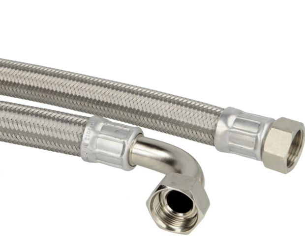 Flexibel Met Inox Omvlechting  met bocht 90&deg; 4/4&quot;F - 4/4&quot;F - 100 cm