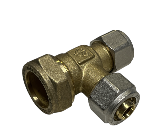 Water Knelkoppeling Overgang T-stuk  22 koper  x 16/2 x 16/2 Alupex