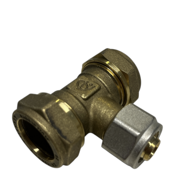 Water Knelkoppeling Overgang T-stuk  22 koper  x 16/2 Alupex x 22 koper