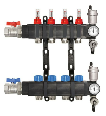 Kunststof  Vloerverwarmings Collector 9 Kringen  Met Debietmeters, hoofdkraan , thermometer en ontluchter